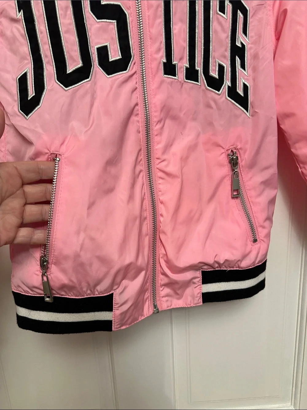 Justice Pink Varsity-Style Bomber Jacket with Black Trim